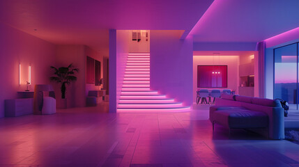 A minimalistic home with AI-integrated smart lighting that adjusts automatically based on the time of day and activity detection, providing a comfortable and adaptive ambiance.