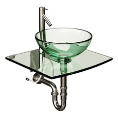 A glass sink with a green bowl on top of a glass shelf