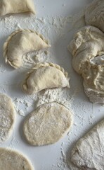 Homemade Dough Preparation for Traditional Ukrainian Dumplings in Kitchen. Close-up of uncooked dough circles and folded dumplings (vareniki) on a floured surface. 