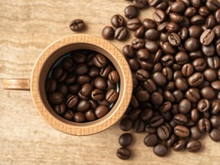 Fototapeta premium Single wooden cup with scattered coffee beans, solo serving, morning routine, solitary coffee