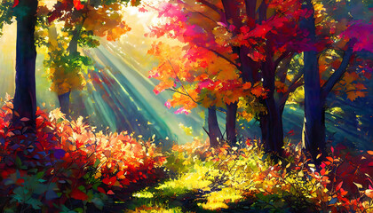 Abstract Colorful foliage on trees and grass shining on sunbeams; concept of travel.