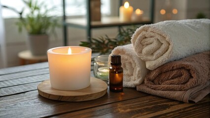 Softly glowing candle on a wooden table surrounded by plush towels and a small bottle of fragrant oil, towel, oil, relaxation, peaceful atmosphere