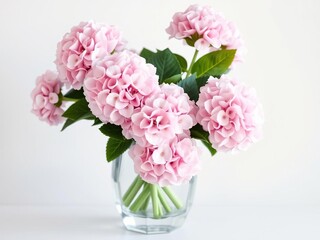 Obraz premium Soft pink hydrangeas in a sleek, modern glass vase with clean lines and geometric shapes, minimalist vases, vase arrangement