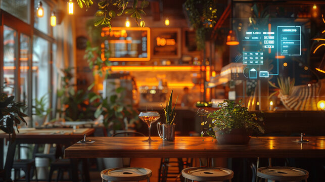 A modern cafe with a holographic AI assistant on the table, showing personalized recommendations and offering a conversational menu guide in real-time.