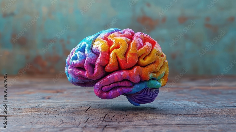 Poster a colorful, stylized brain model set against a rustic background, symbolizing creativity and cogniti
