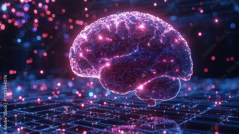 Poster a vibrant, digital representation of a brain, illuminated with neon colors, symbolizing advanced tec