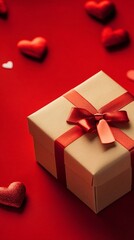 Elegant gift box with red ribbon bow surrounded by floating heart decorations on vibrant red background, perfect for Valentine's Day or romantic occasions.