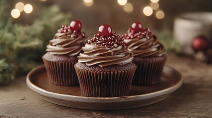 Chocolate cupcakes with decorative holiday toppers and liners styled on a rustic table with soft vignette lighting