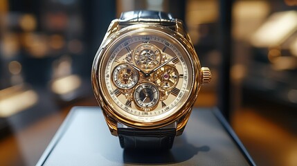 A luxurious watch displayed prominently, showcasing intricate details and craftsmanship.