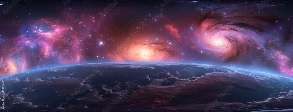 Wall mural 360 degree equirectangular projection space background with nebula and stars, environment map. hdri 