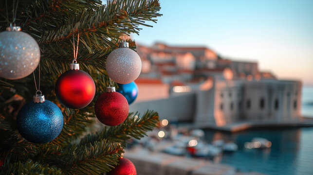 Fototapeta Close-up image of Christmas tree with blue, white and red ornaments on the background of Dubrovnik panorama