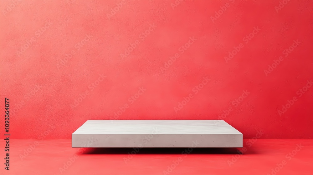 Poster minimalist display platform on a vibrant red background for product presentation.