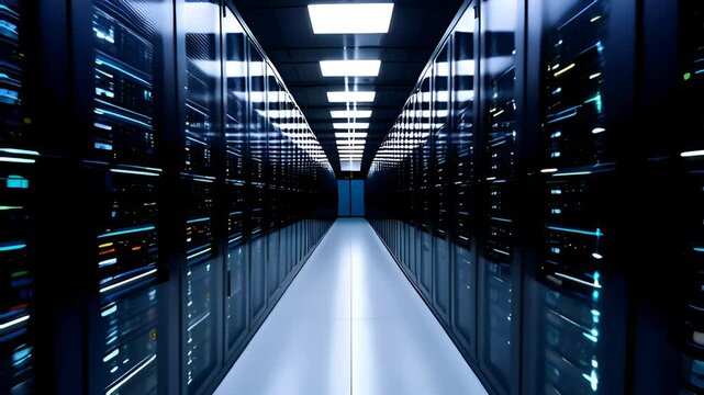 Slow dolly shot of a data center room. Blue light