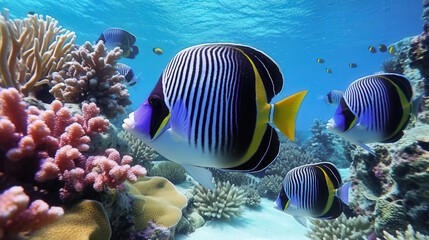 Fototapeta premium Grupo de peces ángel emperador nadando sobre arrecifes de coral en aguas tropicales cristalinas.