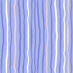 Striped seamless pattern. Vintage colours background. Blue wavy stripes. Hand drawn vertical lines on white backdrop.