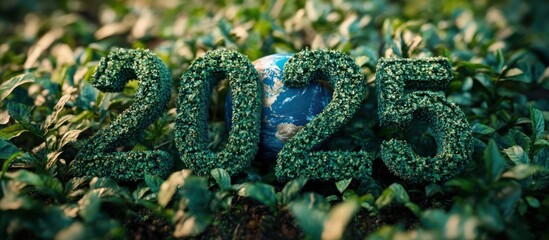 2025 year made of green leaves with an earth globe in the middle.