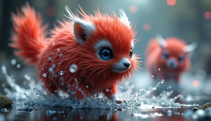 Cute furry creature playing in water in fantasy setting 