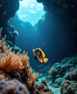 Pez &aacute;ngel emperador nadando cerca de an&eacute;monas en una cueva marina iluminada por luz natural en aguas tropicales.