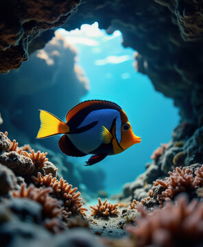 Pez cirujano colorido nadando en una cueva submarina rodeado de corales en aguas tropicales claras.