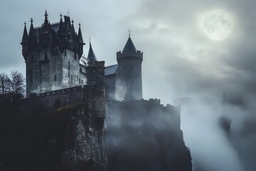 Naklejka premium gothic castle surrounded by foggy landscape, mysterious building with eerie atmosphere and medieval architecture in a dark fantasy setting