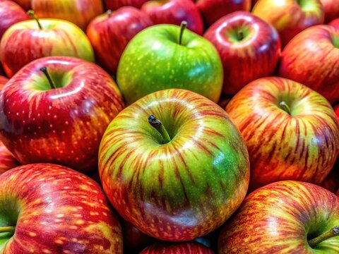Fresh, organic Honeycrisp apples, clustered tightly in the grocery store.
