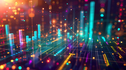 Detailed data visualization landscape with bar charts, pie graphs, and intricate glowing nodes
