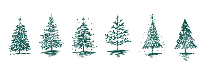Sketches doodles of different christmas trees silhouettes, vector hand drawn firs illustration, isolated on white