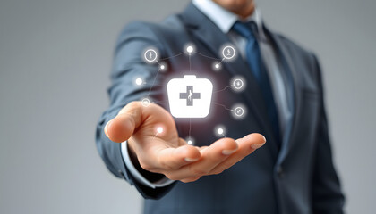 Businessman holding Medical icon and connection 3d rendering isolated with white highlights, png