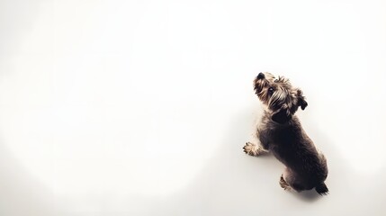 Cute dog sitting on a bright white background looking up.