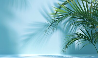 Blurred shadow from palm leaves on the light blue wall. Minimal abstract background for product presentation. Spring and summer, Generative AI