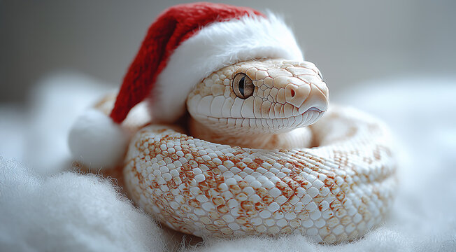 Cream and orange snake wearing Santa hat, festive wildlife close-up, Christmas-themed reptile portrait, winter holiday animal photography, seasonal nature decor concept