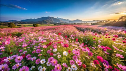 Vibrant Cosmos Flowers Blooming Under a Bright Blue Sky Overlooking Majestic Mountains and Lush Green Fields at Sunset