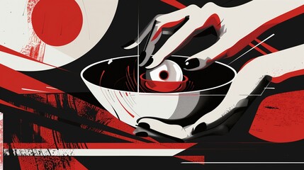 Woman hands placing eyeball into bowl background image. Creepy halloween decoration flat colorful illustration backdrop horizontal. Body part in witchcraft wallpaper art concept