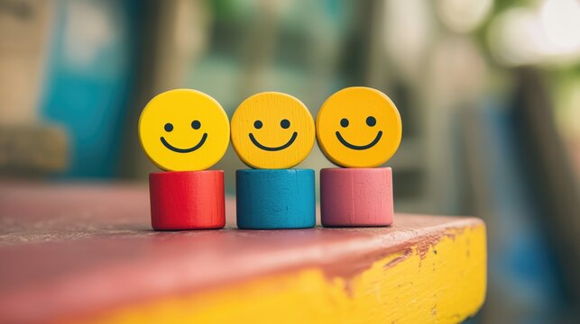 Happy smile face on table, good feedback rating and positive customer review, experience, satisfaction survey ,mental health assessment, child wellness, world mental health day concept, generative ai