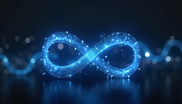 Glowing infinity symbol made of digital particles on dark background