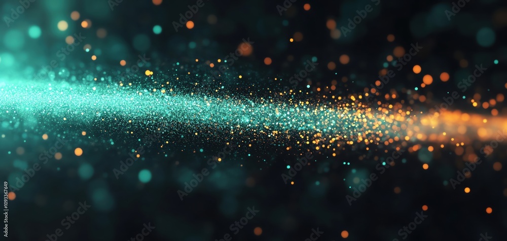 Poster a mesmerizing visual of glowing particles flowing through a vibrant space.