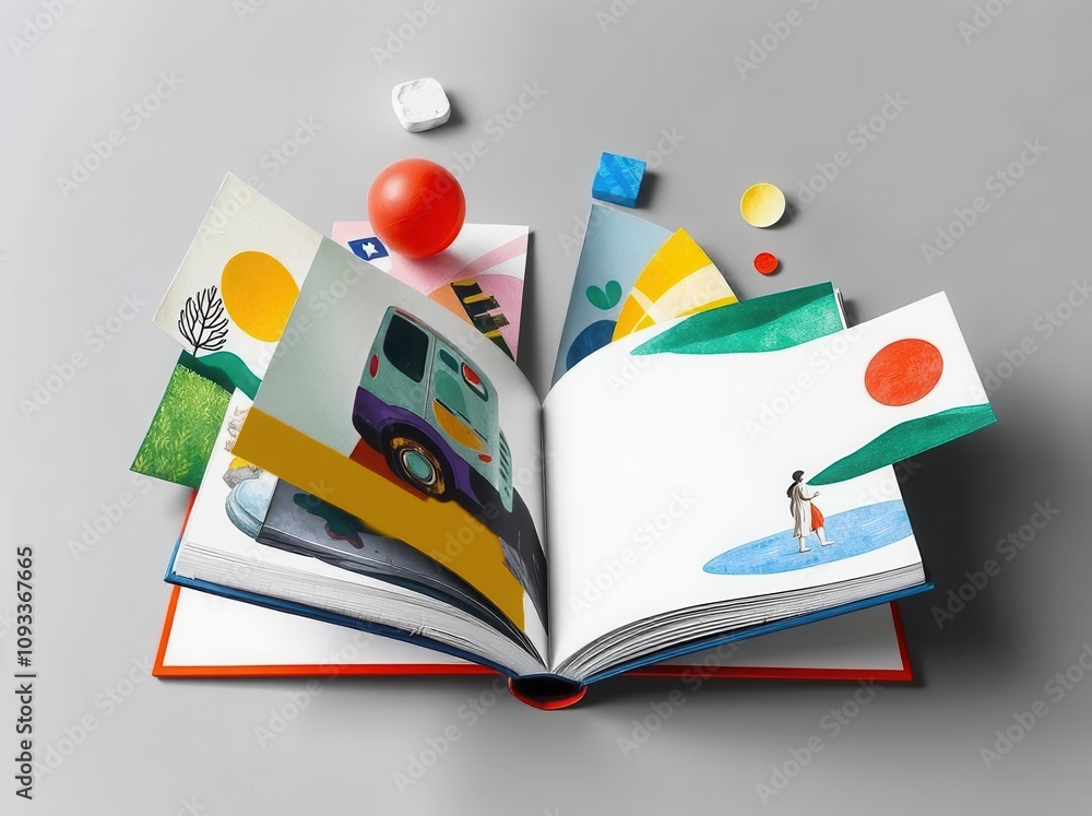 Wall mural a symbolic book unfolds into a surreal landscape. its pages transform into trees paths and stars sym