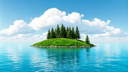 Calming 3D floating island with moss-covered stone, evergreen trees, and crystal-clear ocean