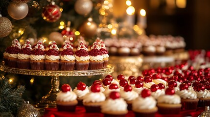 Warm directional light highlighting rows of cupcakes with holiday toppers on a decorative dessert table