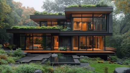 A modern house with large glass windows and greenery on the roof, surrounded by nature.