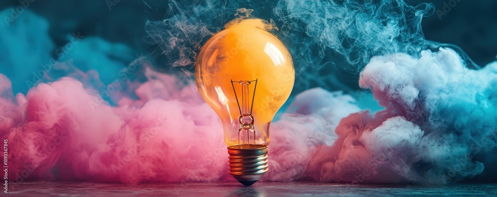 Poster a glowing light bulb surrounded by colorful smoke, creating a vibrant and dynamic visual contrast.