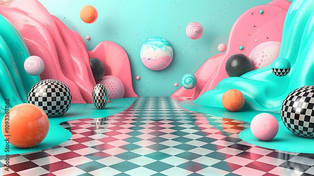 Poster spherical objects and melting flows on checkered floor illustration. abstract art deco composition w