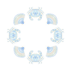 crab, seashell. Watercolor round frame template on white background in pastel colors. Cute illustration of sea products for textile and wrapping paper
