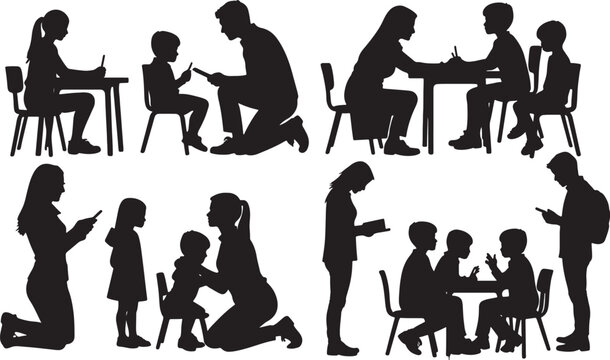 Vector Black and white vector silhouettes of women in various business and educational settings, including presentations, meetings, teaching, and discussions