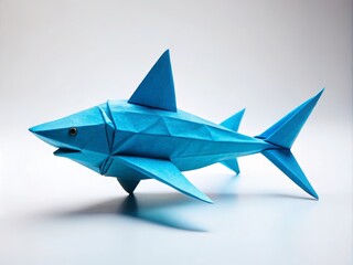Realistic Blue Origami Shark Artwork on a Clean White Background Showcasing Intricate Folding Techniques and Sharp Details for Creative and Educational Purposes