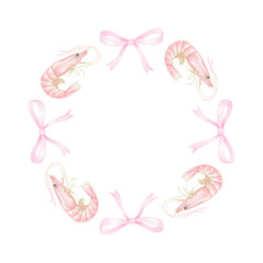shrimp, bow. Watercolor round frame template on white background in pastel colors. Cute seafood illustration for textile and wrapping paper