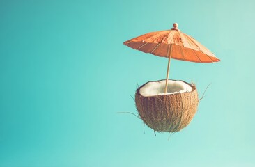 Floating coconut drink under a colorful umbrella evokes tropical vibes and summer relaxation in a clear blue sky
