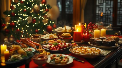 Naklejka premium A festive Asian dining table is adorned with various decorated foods, candles, and desserts. A Christmas tree adds a cozy holiday touch as the table awaits the start of the Xmas party. 
