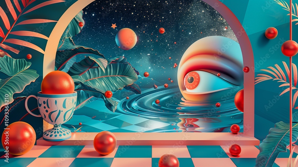 Poster eye floating in water under arch in abstract setting background image. spheres on checkered floor an