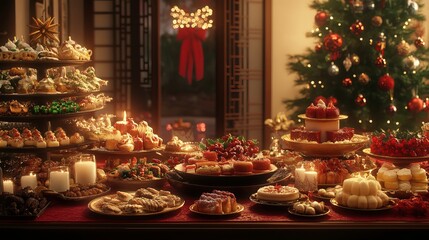 Fototapeta premium A festive Asian dining table is adorned with various decorated foods, candles, and desserts. A Christmas tree adds a cozy holiday touch as the table awaits the start of the Xmas party. 